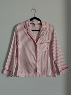 Victoria's Secret Red White Mettalic Gold Stripes Button Up Pajama Shirt Top